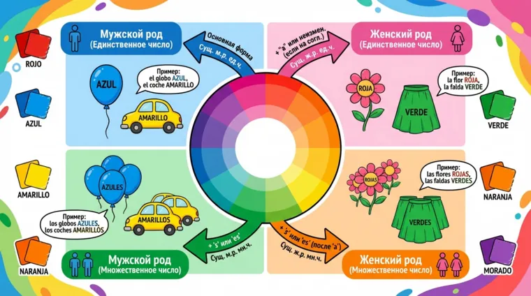 Цвета в испанском языке и как они изменяются по роду и числу