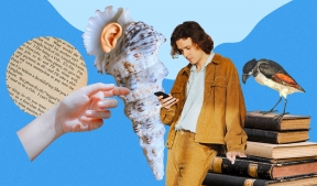 На фото изображен молодой парень смотрящий в телефон, птица стоящая на учебниках, ракушка, человеческая рука и часть газеты