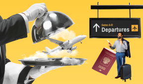 На фото изображен мужчина стоящий в аэропорту с чемоданом и документами, изображен самолет